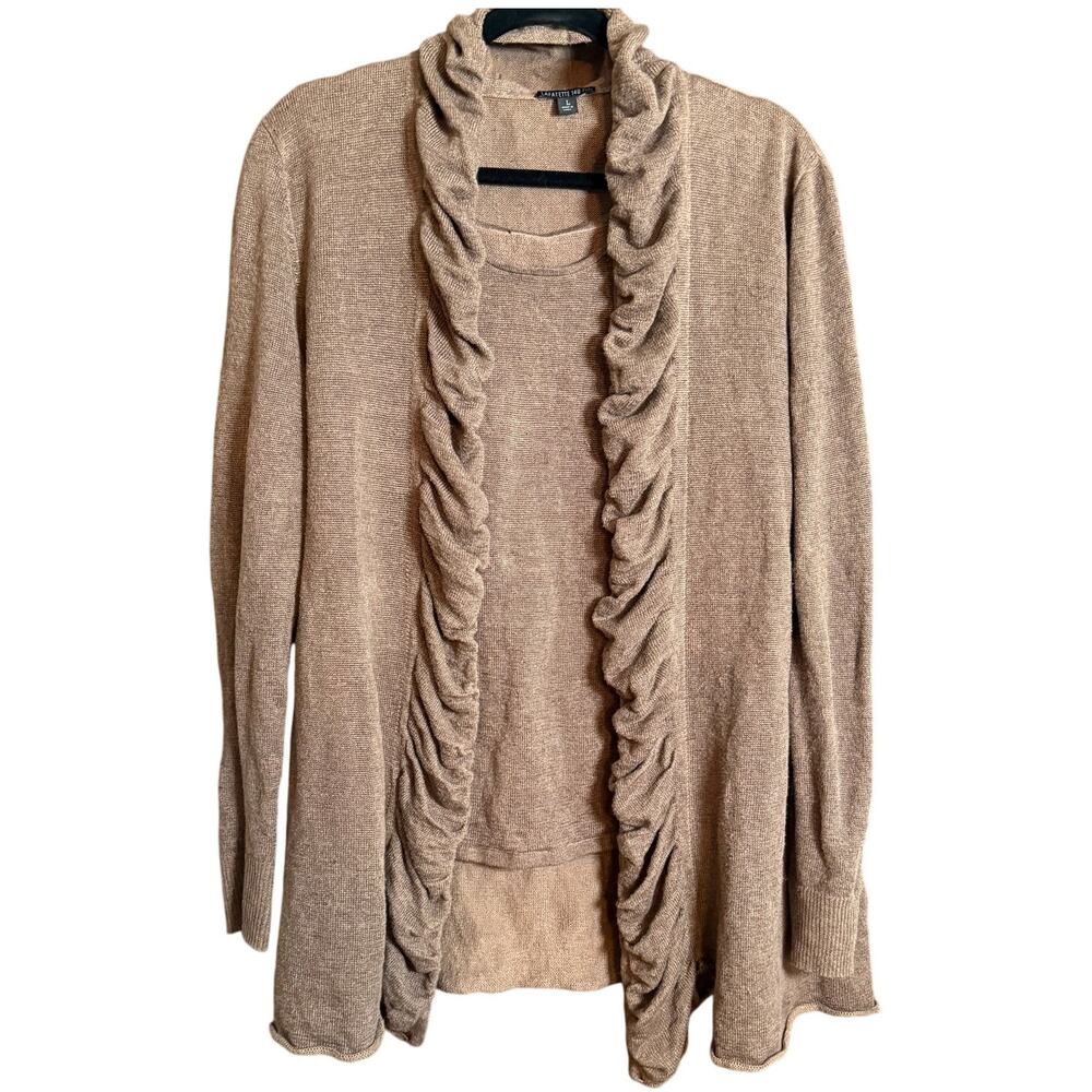 LAFAYETTE 148 New York Brown Linen Cotton Inox Long Line Twin set Sweater Large